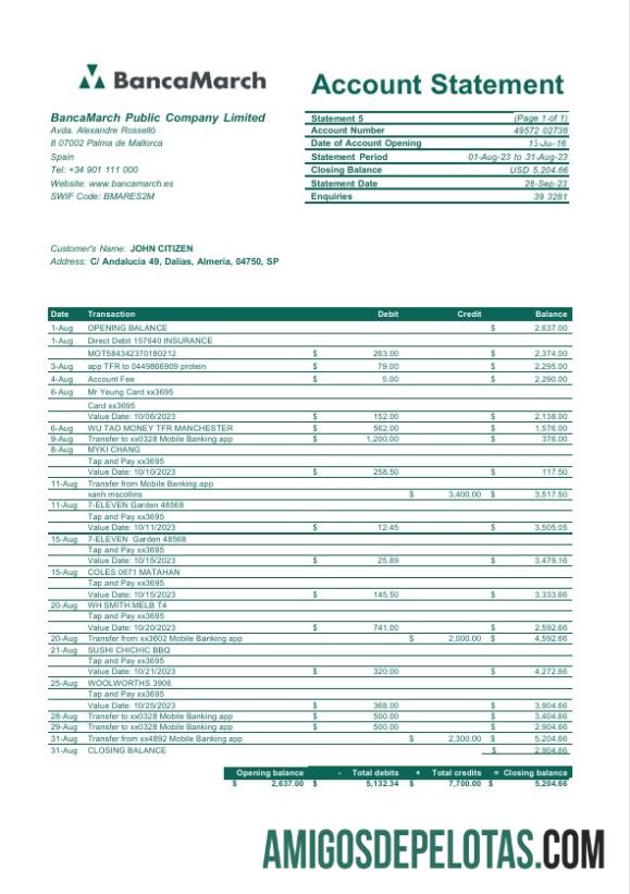 Modelo realista de extrato bancário BancaMarch da Espanha em Word e PDF